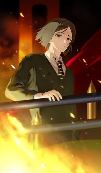 1boy blood blood_on_clothes bob_cut collared_shirt command_spell commentary_request cowboy_shot embers fate/grand_order fate/zero fate_(series) fire frown green_sweater hand_on_railing hand_tattoo long_sleeves male_focus medium_hair necktie official_art parted_bangs red_background shirt short_hair solo sweater tattoo third-party_source waver_velvet white_shirt wind wing_collar yuuichi_(bobobo)