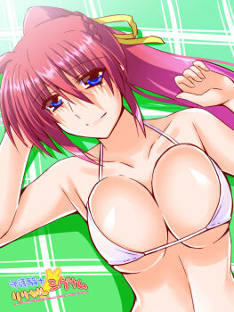 Rule 34 | 1girl, bikini, blue eyes, braid, breasts, cleavage, closed mouth, collar, commentary request, copyright logo, copyright name, crown braid, engo (aquawatery), hair between eyes, hair ribbon, high ponytail, large breasts, logo, looking at viewer, lying, lyrical nanoha, mahou shoujo lyrical nanoha, micro bikini, on back, partially shaded face, pink hair, ponytail, ribbon, sidelocks, signum, smile, solo, swimsuit, underboob, upper body, white bikini, yellow ribbon