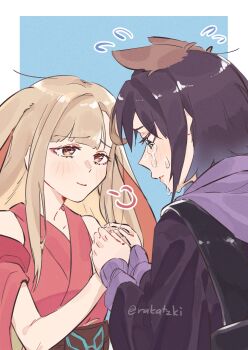 2girls absurdres animal_ears black_hair blonde_hair blue_background border cho_kaguya-hime! closed_mouth commentary crying crying_with_eyes_open ears_down english_commentary flying_sweatdrops green_eyes hands_up highres holding_hands japanese_clothes kaguya_(cho_kaguya-hime!) kimono long_hair looking_at_another multiple_girls outside_border profile rabbit_ears rakatzki red_kimono sakayori_iroha short_hair smile tears upper_body white_border yuri