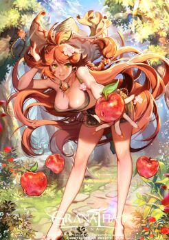 1girl :d antenna_hair apple artist_name beads bent_over blue_sky braid breasts bush caesty cleavage copyright_name dated day female_focus fingernails flower food fruit granatha_eternal grass green_eyes hair_flower hair_ornament hand_on_headwear hat holding holding_food holding_fruit jewelry large_breasts legs_apart long_fingernails long_hair looking_at_viewer nail_polish open_mouth orange_hair orange_nails outdoors outstretched_hand pendant red_flower red_rose rose side_slit sky sleeveless smile solo standing text_focus tree very_long_hair water_drop