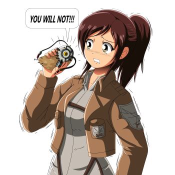 1girl brown_hair crossover glados highres long_hair portal portal_(series) portal_2 potato sasha_blouse shingeki_no_kyojin simple_background standing