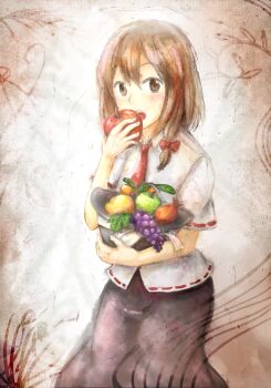 Rule 34 | 1girl, absurdres, black hat, black skirt, bow, brown eyes, brown hair, commentary request, food, fruit, fruit request, grapes, hair between eyes, hair bow, hat, hat bow, highres, holding, holding food, holding fruit, holding unworn clothes, holding unworn hat, looking at viewer, mandarin orange, minus (sr mineka), necktie, open mouth, red bow, red necktie, ribbon-trimmed skirt, ribbon-trimmed sleeves, ribbon trim, shirt, short sleeves, skirt, solo, teeth, touhou, unworn hat, unworn headwear, upper teeth only, usami renko, white shirt