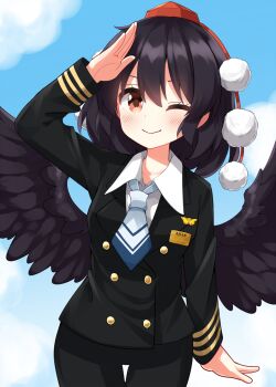 1girl ;) all_nippon_airways alternate_costume arm_up black_hair black_jacket black_pants black_wings blue_necktie blush closed_mouth cloud collared_shirt commentary_request cowboy_shot day feathered_wings hat highres jacket long_sleeves looking_at_viewer necktie one_eye_closed orange_eyes outdoors pants pilot_uniform pom_pom_(clothes) red_hat ruu_(tksymkw) shameimaru_aya shirt short_hair smile solo tokin_hat touhou white_shirt wings