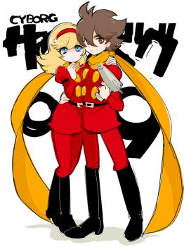 animated animated_gif black_boots blonde_hair blue_coat blue_eyes boots brown_hair coat couple cyborg cyborg_009 francoise_arnoul green_coat green_eyes hair_over_one_eye hand_on_another's_hip hand_on_another's_shoulder long_hair manodemarina red_coat red_scarf scarf shimamura_joe yellow_scarf