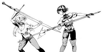 Rule 34 | 2girls, arm up, artist name, bare shoulders, breasts, cleavage, closed mouth, covered navel, cropped shirt, fighting stance, folded ponytail, glasses, gloves, greyscale, hair intakes, halberd, half-swording, hand up, highres, holding, holding polearm, holding sword, holding weapon, leotard, lily (vocaloid), long hair, looking at another, monochrome, multiple girls, navel, off-shoulder shirt, off shoulder, original, pants, pirata (gailtonatiu), polearm, semi-rimless eyewear, shirt, short hair, short sleeves, signature, simple background, sleeveless turtleneck leotard, sleeves rolled up, small breasts, smile, sword, tied shirt, twintails, under-rim eyewear, very long hair, weapon, white background, zweihander