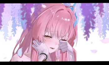 Rule 34 | 1girl, absurdres, aemeath (wuthering waves), bare shoulders, chinese commentary, commentary request, crying, gloves, highres, letterboxed, long hair, open mouth, pink hair, portrait, rubbing eyes, white gloves, wuthering waves, yellow eyes, youmiao oxo
