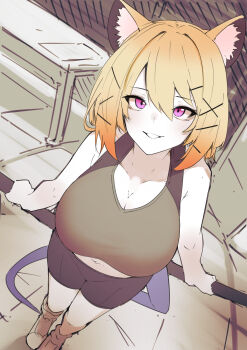 1girl absurdres animal_ear_fluff animal_ears arknights black_shorts black_vest blonde_hair blue_tail breasts cleavage highres purple_eyes short_hair shorts solo utage_(arknights) vest z_(knkr1025)