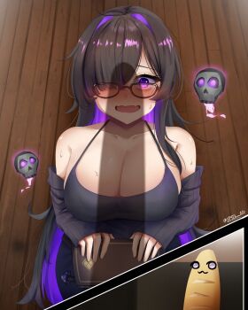 1girl black_cardigan black_dress black_hair blush bread breasts cardigan colored_inner_hair commentary dress english_commentary food glasses goddess_of_victory:_nikke hair_over_one_eye highres label_(nikke) large_breasts long_hair multicolored_hair purple_eyes purple_hair sexually_suggestive shadow skull solo sp4rk street_fighter two-tone_hair very_long_hair