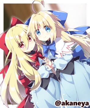 Rule 34 | 2girls, ahoge, akaneya, black capelet, blue bow, blue bowtie, blue dress, blue eyes, blush, bow, bowtie, capelet, character request, closed mouth, commentary request, commission, copyright request, cowboy shot, dress, hair between eyes, hair bow, hair intakes, holding hands, interlocked fingers, long sleeves, looking at viewer, lowres, multiple girls, red bow, red bowtie, red eyes, skeb commission, smile, twitter username, white capelet