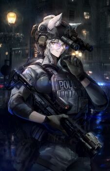 1girl absurdres animal_ears arktic assault_rifle aviator_glasses blurry blurry_background brown_gloves brown_helmet building bulletproof_vest car clenched_teeth combat_helmet commentary cowboy_shot ear_protection ears_through_headwear english_commentary fast_helmet glasses glock gloves grey_hair grey_pants grey_sweater grin gun gun_sling handgun headset helmet highres holding holding_gun holding_weapon holster holstered lamppost laser_sight lens_flare load_bearing_vest long_sleeves looking_at_viewer magazine_(weapon) motor_vehicle night night_vision_device optical_sight original outdoors pants police police_car police_siren rain rifle short_hair sidelocks sig_mcx sig_sauer signature smile solo suppressor sweater syringe tactical_clothes teeth unit_patch united_kingdom weapon