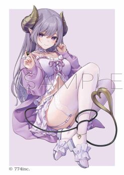 1girl ass babydoll border breasts collarbone commentary_request full_body garter_straps grey_background grey_hair grey_sandals hair_between_eyes hands_up holding horns jacket long_hair long_sleeves medium_breasts nanashi_inc. ne-on official_art open_clothes open_jacket puffy_long_sleeves puffy_sleeves purple_eyes purple_jacket saionji_mary sample_watermark sandals skirt sleeves_past_wrists solo tail tail_around_own_leg tail_wrap thighhighs very_long_hair virtual_youtuber watermark white_border white_skirt white_thighhighs