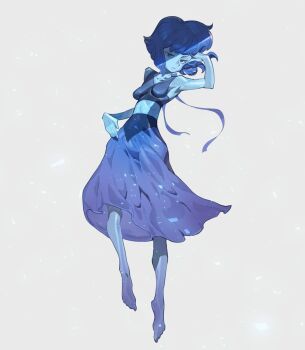 1girl 2018 bare_shoulders barefoot blue_dress blue_eyes blue_hair blue_skin breasts collarbone colored_skin dress floating frown grey_background hand_on_head highres lapis_lazuli_(steven_universe) medium_breasts medium_hair ribbon solo steven_universe tanakalma tank_top