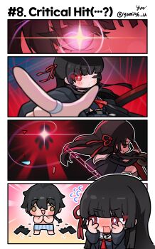 1boy 1girl absurdres black_hair black_jacket black_shirt chisa_(wuthering_waves) commentary_request english_text exploding_clothes flying_sweatdrops hair_ribbon hands_on_own_face hands_up highres jacket korean_commentary long_hair looking_at_another male_rover_(wuthering_waves) neckerchief one_eye_closed red_eyes red_neckerchief red_ribbon ribbon rover_(wuthering_waves) sailor_collar shirt white_sailor_collar wuthering_waves yami_(yami56_u) yellow_weed