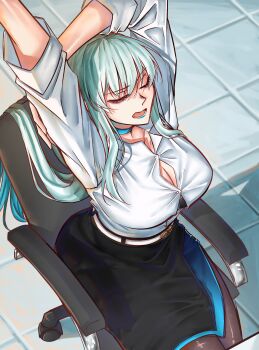 1girl absurdres belt black_bow black_dress black_skirt blue_eyes blue_lips blush bow braid breasts chair cleavage closed_eyes collared_shirt dress dress_shirt fate/grand_order fate_(series) from_above front-hook_bra grey_hair hair_bow half_up_braid highres huge_breasts large_breasts long_hair long_sleeves looking_at_breasts moren_eh morgan_le_fay_(chaldea_satellite_station)_(fate) morgan_le_fay_(fate) office_chair office_lady open_mouth pantyhose pencil_skirt ponytail shirt sidelocks skirt solo swivel_chair thick_thighs thighs two-tone_dress very_long_hair white_belt white_hair white_shirt