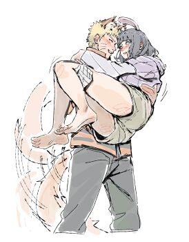 1boy 1girl absurdres afterimage animal_ears bandaged_arm bandages barefoot beerenfuchs black_hair blonde_hair blush boruto:_naruto_next_generations carrying commentary facial_mark fox_boy fox_ears fox_tail green_shorts highres hood hooded_jacket husband_and_wife hyuuga_hinata jacket kemonomimi_mode naruto_(series) princess_carry purple_eyes purple_jacket rabbit_ears shorts symbol-only_commentary tail tail_wagging uzumaki_naruto whisker_markings