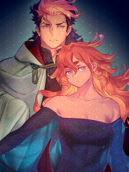 Rule 34 | 1boy, 1girl, black dress, black sleeves, blue eyes, breasts, brown hair, cleavage, cloak, closed mouth, commentary request, dress, guel jeturk, gundam, gundam suisei no majo, hair between eyes, highres, ivy hermit, long hair, medium breasts, mole, mole under eye, mullet, multicolored hair, off-shoulder dress, off shoulder, pink hair, red hair, suletta mercury, thick eyebrows, two-tone hair, upper body, white cloak