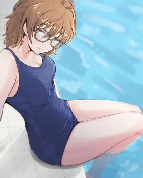 1girl absurdres araki_hina arm_support blue_one-piece_swimsuit breasts brown_eyes brown_hair glasses highres idolmaster idolmaster_cinderella_girls looking_at_viewer one-piece_swimsuit poolside school_swimsuit sitting solo swimsuit unu_(unucence) water