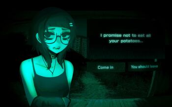 1girl absurdres bare_shoulders black_choker black_eyes black_hair black_tank_top blunt_bangs breasts choker collarbone commentary cross cross_necklace dark_background dialogue_box dialogue_options english_commentary english_text glasses hair_ornament hairclip highres jewelry looking_at_viewer medium_hair mikuneki necklace night night_vision no_i&#039;m_not_a_human open_mouth original parallel_hairclips parody riyo_kaede_(mikuneki) semi-rimless_eyewear solo tank_top under-rim_eyewear upper_body