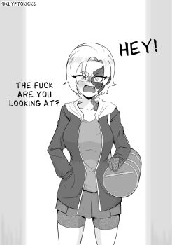 Rule 34 | 1girl, amelia (klyptokicks), bag, burn scar, commentary, english commentary, english text, fang, greyscale, highres, hood, hoodie, klyptokicks, monochrome, open mouth, original, profanity, scar, short hair, shorts, shoulder bag, simple background, skirt, solo, standing