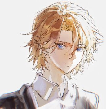 1boy black_jacket blonde_hair blue_eyes digimon digimon_adventure_02 highres ishida_yamato jacket male_focus shirt simple_background solo szr_02 upper_body white_background white_shirt