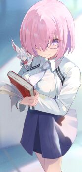 1girl absurdres black_skirt blurry blurry_background blush book breasts closed_mouth collared_shirt commentary cowboy_shot cropped_jacket dress_shirt fate/grand_order fate_(series) fou_(fate) glasses hair_over_one_eye high-waist_skirt highres holding holding_book hugging_book hugging_object inubangarou jacket large_breasts long_sleeves looking_at_viewer mash_kyrielight mash_kyrielight_(chaldea_uniform) necktie official_alternate_costume pink_hair purple-framed_eyewear purple_eyes shirt short_hair sidelocks skirt smile solo walking white_jacket white_necktie white_shirt