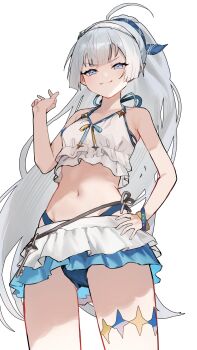 1girl bikini breasts commentary_request female_tyrant_(stella_sora) female_tyrant_(swimsuit)_(stella_sora) highres key long_hair looking_at_viewer navel official_alternate_costume simple_background small_breasts solo stella_sora swimsuit tyrant_(stella_sora) white_background white_bikini yakihoko