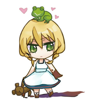1girl animal animal_on_head bare_arms bare_shoulders blonde_hair boots braid brown_boots chibi closed_mouth commentary_request dirty_hands dress expressionless eyelashes frog frog_on_head green_eyes hair_between_eyes heart holding holding_stuffed_toy light_frown long_hair looking_at_viewer lowres majo_no_ie medium_dress mi_mao mud on_head puddle shadow simple_background sleeveless sleeveless_dress slit_pupils solo standing stuffed_animal stuffed_toy sundress teddy_bear twin_braids viola_(majo_no_ie) white_background white_dress
