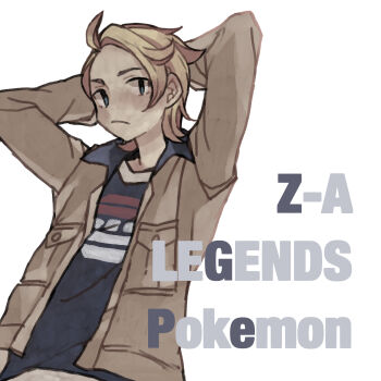 1boy absurdres arms_behind_head arms_up blonde_hair blue_shirt brown_jacket highres ichi_kawa_ichi jacket looking_at_viewer nintendo open_clothes open_jacket pokemon pokemon_legends:_z-a print_shirt shirt short_hair solo urbain_(pokemon) white_background