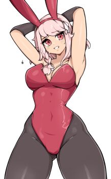 1girl animal_ear_hairband animal_ears armpits arms_behind_head arms_up black_pantyhose braid breasts commentary commission cowboy_shot detached_sleeves english_commentary fake_animal_ears hairband highres large_breasts leotard looking_at_viewer medium_hair oninuer original pantyhose pink_hair playboy_bunny rabbit_ear_hairband rabbit_ears red_hairband red_leotard simple_background smile solo strapless strapless_leotard sweat swept_bangs white_background