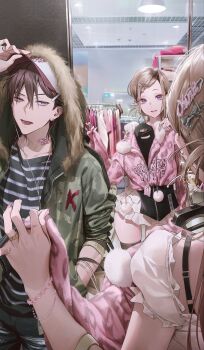 1boy 1girl :d absurdres adjusting_clothes adjusting_headwear blonde_hair brother_and_sister brown_hair clothes_hanger ear_piercing fingernails frilled_skirt frills green_jacket green_shirt hand_in_pocket hand_up hands_up highres hvvvzzz jacket long_bangs looking_at_reflection microskirt open_mouth original parted_bangs piercing pink_jacket pink_nails purple_eyes shirt short_hair siblings skirt smile striped_clothes striped_shirt unworn_jacket white_skirt zipper