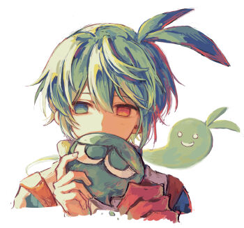 Rule 34 | 1boy, blue eyes, blue hair, commentary request, double-parted bangs, griffon0416, hair between eyes, heterochromia, highres, looking at viewer, male focus, puyo (puyopuyo), puyopuyo, red eyes, short hair, sidelocks, sig (puyopuyo), simple background, solo, upper body, white background