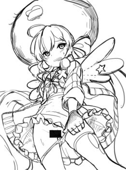 1girl blush censored commentary dress gloves hat kuri_choko loli looking_at_viewer monochrome open_mouth otomachi_una panties panty_pull pussy sketch solo symbol-only_commentary tagme thighhighs torn_clothes torn_thighhighs underwear vocaloid wings