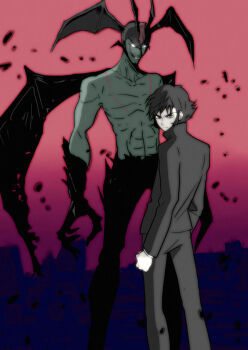 2boys bad_id bad_pixiv_id black_eyes black_hair claws demon demon_boy demon_wings devilman devilman_(character) dual_persona eyebrows fudou_akira gakuran gradient_background grin head_wings male male_focus monster multiple_boys school_uniform short_hair sideburns smile wings zawwa