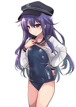 Rule 34 | 1girl, akatsuki (kancolle), black one-piece swimsuit, blue sailor collar, blush, breasts, commentary request, covered navel, cowboy shot, flat cap, hair between eyes, hat, highres, hirune (konekonelkk), kantai collection, long hair, long sleeves, looking at viewer, neckerchief, old school swimsuit, one-piece swimsuit, purple eyes, purple hair, sailor collar, sailor shirt, school swimsuit, school uniform, serafuku, serasuku, shirt, smile, solo, swimsuit, swimsuit under clothes