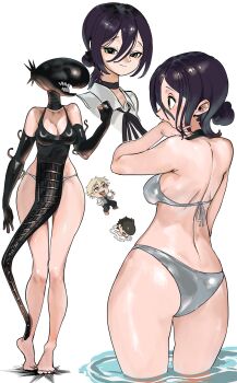 1girl ass back bare_shoulders bikini bomb chainsaw_man collarbone explosive feet highres looking_at_viewer reze_(chainsaw_man) smile sukoyaka_tsukasa swimsuit teeth toes water