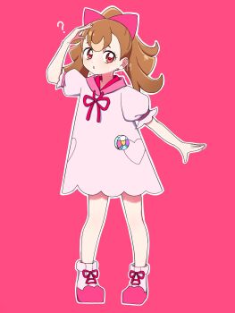 Rule 34 | 1girl, ?, arm up, bow, brown hair, commentary, dot nose, drawstring, dress, frilled sleeves, frills, full body, hair bow, heart pockets, highres, hood, hood down, hooded dress, inukai komugi, long hair, looking to the side, outline, pact holder, parted lips, pink background, pink bow, pink dress, pink shoes, ponytail, pouch, precure, puffy short sleeves, puffy sleeves, red eyes, shoes, short dress, short sleeves, simple background, solo, standing, tied drawstring, twitter username, white outline, wonderful pact, wonderful precure!, yunapi79