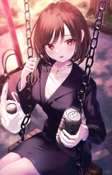 1girl absurdres bag beer_can black_jacket black_skirt blush breasts can collarbone commentary_request drink_can earrings formal_clothes grocery_bag heart heart-shaped_pupils heart_earrings highres jacket jewelry kappe_reeka long_sleeves looking_at_viewer medium_breasts necklace office_lady on_swing open_mouth original pencil_skirt ring ring_necklace shirt shopping_bag short_hair sitting skirt smile stud_earrings suit suit_jacket swept_bangs swing swing_set symbol-shaped_pupils twitter_username white_shirt