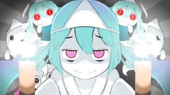 Rule 34 | 1girl, aimaina, aqua hair, colored sclera, colored skin, doushite-chan, ghost, grey sclera, hatsune miku, highres, japanese clothes, kimono, long hair, looking at viewer, low twintails, obake no ukenerai (vocaloid), obi, pink eyes, potapon, right-over-left kimono, sash, shiroshouzoku, triangular headpiece, twintails, very long hair, vocaloid, white kimono