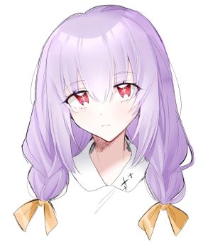 1girl arikalovesyou2 arius_squad_(blue_archive) atsuko_(blue_archive) blue_archive braid cross_in_eye highres jacket low_twin_braids purple_hair red_eyes simple_background solo twin_braids upper_body white_background white_jacket
