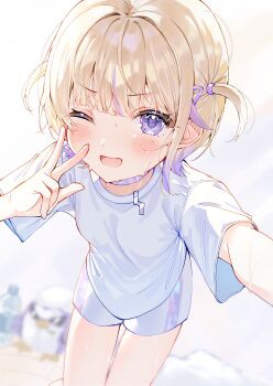 Rule 34 | 1girl, ;d, absurdres, blonde hair, blush, breasts, choker, fang, highres, hololive, hololive dev is, looking at viewer, multicolored hair, one eye closed, open mouth, purple choker, purple hair, selfie, shirt, short hair, shorts, small breasts, smile, solo, streaked hair, sweat, sweatdrop, t-shirt, thighs, todoroki hajime, two side up, v, wasemkn, white shirt, white shorts