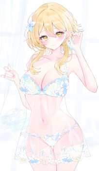 1girl absurdres blonde_hair blush bra breasts floral_print flower genshin_impact hair_flower hair_ornament highres large_breasts long_hair looking_at_viewer lumine_(genshin_impact) navel nightgown panties see-through_clothes see-through_nightgown simple_background smile solo tsuyuri_eri underwear white_background white_bra white_nightgown white_panties yellow_eyes