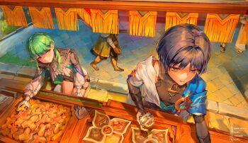 1girl 2boys anemo_symbol_(genshin_impact) aqua_gemstone aqua_kimono aqua_sleeves armor artist_name artist_self-insert bag bent_over black_bodysuit black_bow black_bridal_gauntlets black_eyes black_hair black_shirt black_shorts blonde_hair blue_cape blunt_bangs blunt_ends bodysuit bow bridal_gauntlets cape closed_mouth coin colored_inner_hair couple facebook_logo facebook_username fingernails food food_stand frilled_sleeves frills fringe_trim from_above furisode gem genshin_impact gold gold_coin green_hair grey_eyes hair_behind_ear hair_ornament hairclip handbag hetero highres holding holding_bag holding_food instagram_logo instagram_username japanese_armor japanese_clothes juban kimono kote kurokote layered_sleeves lic_617 long_hair long_sleeves low_ponytail multicolored_hair multiple_boys oc_x_canon open_clothes open_kimono original outdoors ponytail scaramouche_(genshin_impact) shirt short_shorts short_sleeves shorts shoulder_peek single_sidelock skindentation smile sumeru_city swept_bangs thigh_strap tile_floor tiles tsurime twitter_username twitter_x_logo wanderer_(genshin_impact) white_kimono white_sleeves white_trim