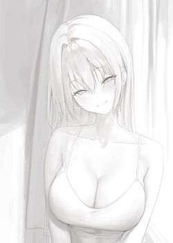 Rule 34 | 1girl, bare arms, bare shoulders, blush, breasts, bright pupils, camisole, cleavage, closed mouth, detached hair, greyscale, head tilt, highres, indoors, laneigu, large breasts, light smile, long hair, looking at viewer, mole, mole under eye, monochrome, narrowed eyes, original, raised eyebrows, shirt, sidelocks, skindentation, smile, solo, spaghetti strap, upper body, white pupils, white shirt, yuzu (laneigu)