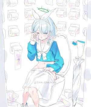 1girl arona_(blue_archive) blue_archive blue_eyes blue_shirt blush candy_moon777 closed_eyes closed_mouth clothes_pull green_halo hair_over_one_eye hairband halo highres holding holding_paper long_sleeves paper sailor_collar shirt short_hair sitting skirt skirt_pull solo toilet toilet_paper toilet_use umbrella_gun white_hairband white_sailor_collar white_skirt