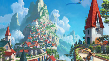 4boys blue_sky brown_vest building church cloud commentary day door english_commentary flower garden hat highres landscape leaf lorenzo_lanfranconi medieval mountain mountainous_horizon multiple_boys original outdoors painterly red_flower scenery shirt sky straw_hat striped_clothes striped_shirt tower town tree vertical-striped_clothes vertical-striped_shirt vest white_flower window