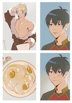 2boys black_hair blonde_hair blue_eyes blue_hair blue_lock eden_gross_cooking_reaction_(meme) eveblue09 gradient_hair highres isagi_yoichi long_hair looking_at_viewer male_focus meme michael_kaiser mixing_bowl multicolored_hair multiple_boys short_hair smile soccer_uniform sportswear two-tone_hair two-tone_shirt upper_body