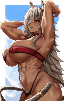 1girl abs absurdres ahoge animal_ear_fluff animal_ears armpits arms_up bandeau bare_shoulders black_panties blue_sky breasts cat_ears cat_girl cat_tail choker cleavage cloud commentary cowboy_shot crossed_bangs dark-skinned_female dark_skin day eyepatch facial_scar ghislaine_dedoldia grey_hair grey_pubic_hair hair_between_eyes highleg highleg_panties highres karma3009 large_breasts long_hair looking_at_viewer muscular muscular_female mushoku_tensei navel panties parted_lips pubic_hair red_bandeau red_choker red_eyes scar scar_on_cheek scar_on_face scar_on_stomach sidelocks skindentation sky solo standing stomach tail tail_ornament tail_ring underboob underwear