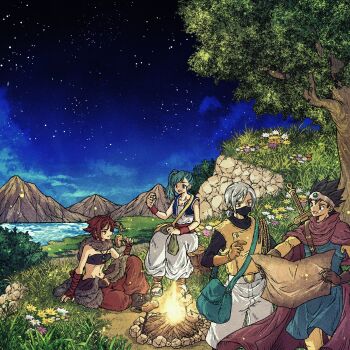 Rule 34 | black hair, blue hair, bodysuit, campfire, cloak, coin, cooking, dragon quest, dragon quest iii, evening, flower, food, gold coin, grass, grilling, hero (dq3), highres, lake, mask, meat, merchant (dq3), monster wrangler (dq3), mountain, mouth mask, ponytail, purple cloak, red hair, sandals, side ponytail, strapless, thief (dq3), toriga, tree, tube top, vest, white bodysuit, white flower, white hair, yellow flower