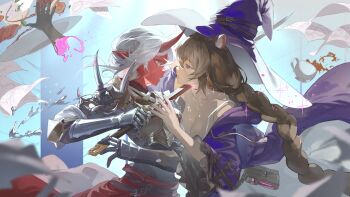 2girls absurdres akumi_(yoclesh) animal_ear_fluff animal_ears armor bare_shoulders belt belt_pouch blood blue_sky bottle bra braid breastplate breasts brown_hair cat_ears cleavage cloak colored_skin cowboy_shot demon_girl demon_horns elixir flying_paper from_side gauntlets gloves hair_between_eyes hat highres holding holding_sword holding_weapon horns indie_virtual_youtuber kingcraft_kingu long_hair magic medium_breasts multiple_girls myun_(vtuber) narrowed_eyes open_mouth paper pink_blood pointy_ears potion pouch purple_cloak purple_eyes purple_hat red_skin shoulder_armor single_braid sky sparkle spill sunlight sword underwear virtual_youtuber weapon white_hair witch witch_hat yellow_eyes