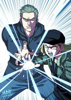 1boy 1girl artist_name blonde_hair blue_eyes dragon_ball dragonball_z energy_ball ethan_winters father-son_kamehameha father_and_daughter hat highres jacket kamehameha_(dragon_ball) long_hair looking_at_viewer open_clothes open_jacket parody resident_evil resident_evil_village rosemary_winters ryuusei_(mark_ii) shaded_face short_hair swept_bangs teamwork twitter_username